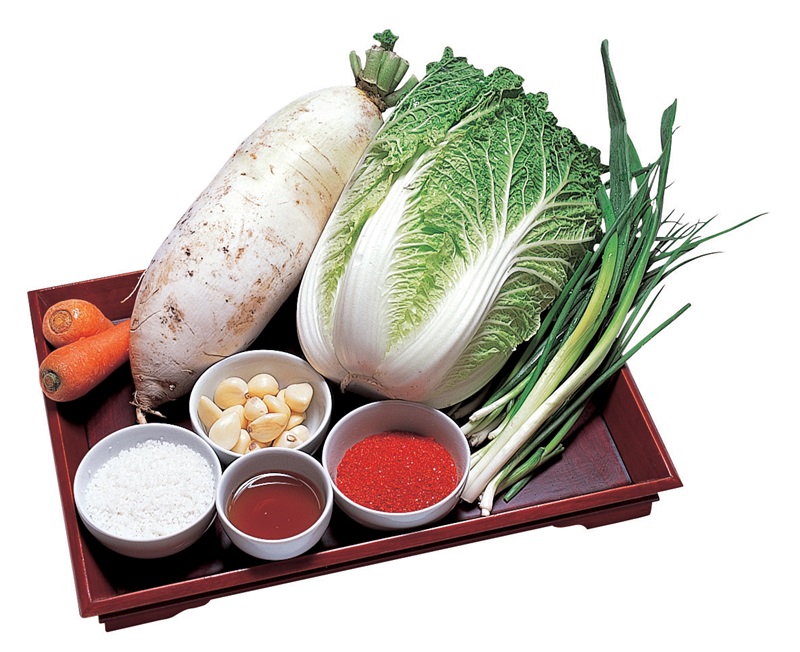 Ingredientes esenciales para la elaboración de kimchi tradicional; col, chile rojo en polvo, zanahoria, nabo, ajo, sal, cebollín y aceite de sésamo. | Korea.net DB